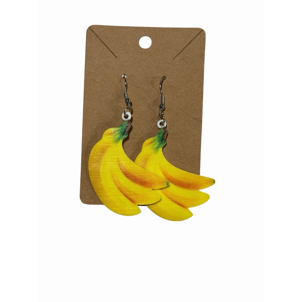 Yellow Banana Bunch Drop Earrings Tropical Fruit Dangle Quirky Summer Jewelry